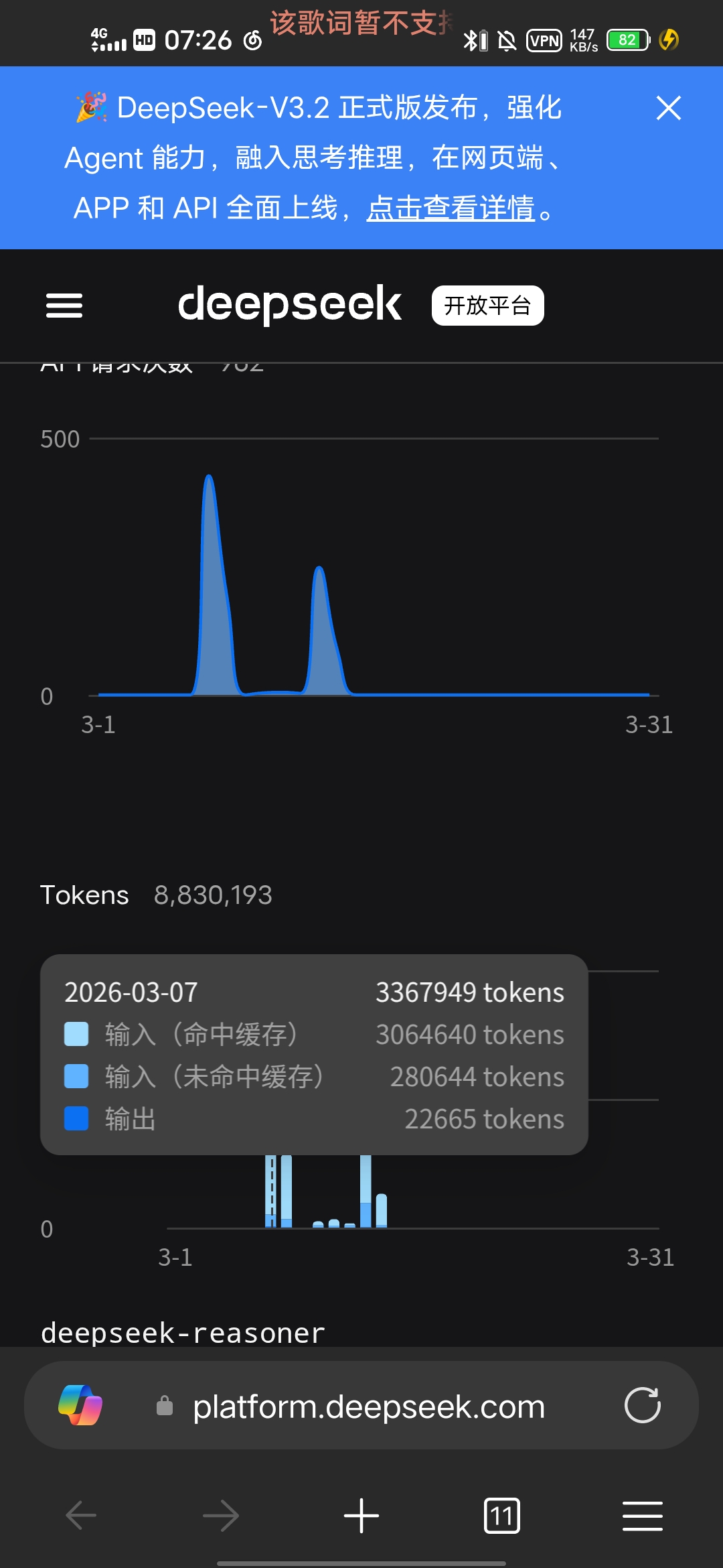 DeepSeek API token消耗统计截图